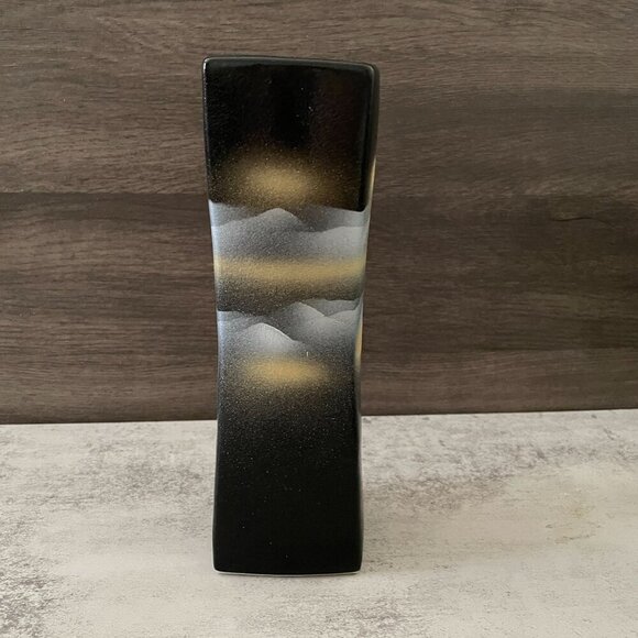 Japanese Black Mountain Sunrise Hand Painted Textured Satin Finish 8.5" Vase - Picture 2 of 9